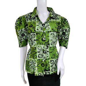 African Handsewn Print Tribal Cotton Puff Sleeve Office Button-Up Shirt Green S